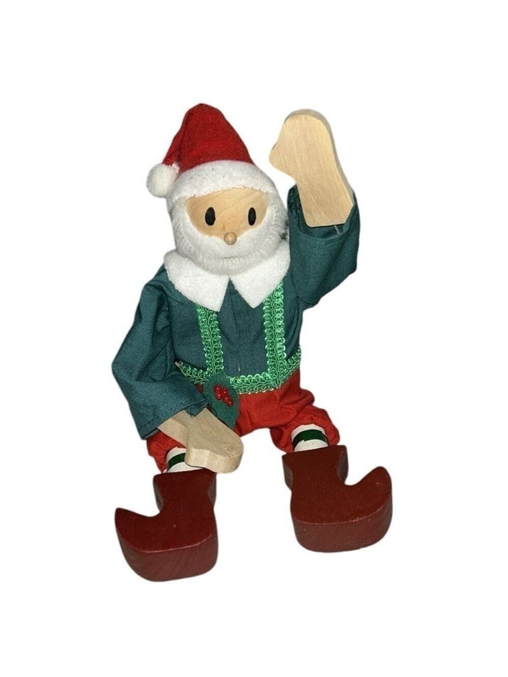 Wooden Scandinavian Vintage Santa Shelf Sitter Figure with Moving Arms and Legs